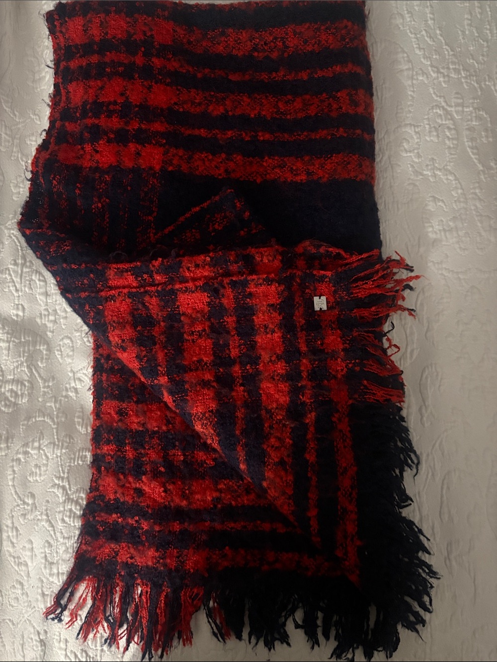 Ralph Lauren Red and Navy Plaid Fringe Blanket Scarf